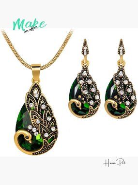 Vintage Green Quartz Peacock Pendant Earring Necklace Set Silvering